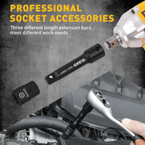 Heavy Duty Three Eighth Inch Drive Extension Bar Set with 3, 6, 10 Inch Extensions Plus Universal Joint Socket shown in use
