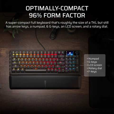 Top view of 96 Percent Compact Mechanical Gaming Keyboard With Smooth Linear Switches That Hit Different Combined With A Built In LCD Stream Deck Rotary Knob And Dedicated Macro Buttons For Players Who Mean Business On The Battlefield.