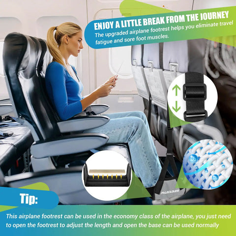 Airplane Foot Hammock Travel Sling With Thickened Bamboo Rest Extendable Adjustment Straps for long flights in use