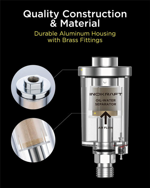 Heavy Duty Oil Water Separator For Air Compressors, durable aluminum housing with brass fittings and clear design.
