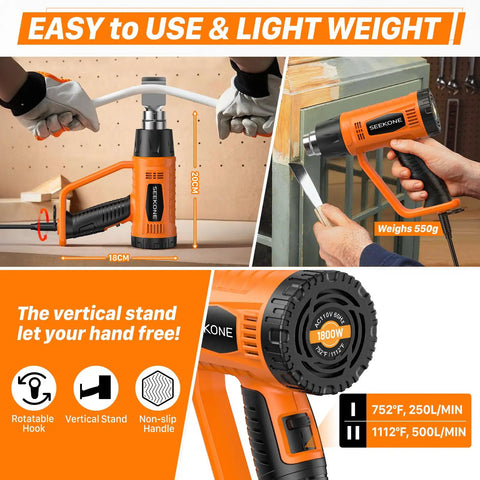 Powerful 1800W Heat Gun With Dual Temps 752F And 1112F shown with nozzle, rotatable hook, vertical stand, orange color.