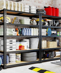 Heavy Duty Garage Shelving System Built Tough Five Adjustable Levels With Steel Frame Holds Up To 2400 Lbs Total 480 Lbs Per Shelf Ideal For Garage And Warehouse Storage 28 By 12 By 60 Inches, black steel rack in garage with tools and bins