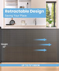 Extra Wide Retractable Baby Gate 33 Inch Tall Extends To 72 Inches Mesh Gate For Kids And Pets with Alarm in a kitchen setting