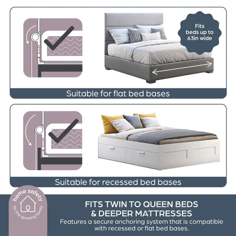 Fold Down Bed Rail For Toddlers, Fits Queen Size Mattress, Suitable for Recessed and Flat Bed Bases, Home Safety Diagram