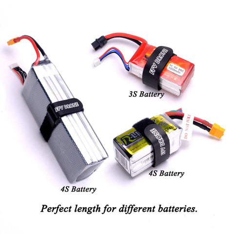 Non Slip RC Battery Straps 20mm By 250mm Rubberized Tie Down Straps securing 3S and 4S drone batteries with rugged grip.