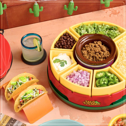 Ultimate Taco Night Heated Lazy Susan Party Serving Set with toppings, four tortilla holders, and fondue pot in use on table.