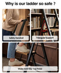 Three Step Folding Ladder With Anti Slip Wide Pedals And Handgrip, Aluminum Lightweight Steel Frame, 330 Lb Capacity For Home And Office, Black Woodgrain Finish safety handrail and wide top pedal