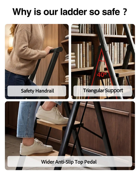 Three Step Folding Ladder With Anti Slip Wide Pedals And Handgrip, Aluminum Lightweight Steel Frame, 330 Lb Capacity For Home And Office, Black Woodgrain Finish safety handrail and wide top pedal