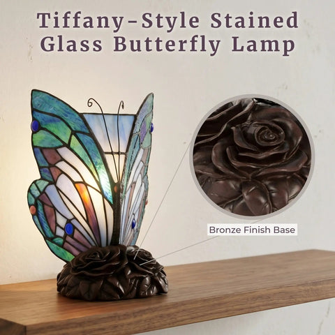 Tiffany-style handcrafted stained glass butterfly lamp with LED bulb, bronze finish base with roses, perfect for bedroom decor.