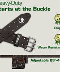 6 Pocket Oil Tanned Leather Tool Belt For 29 To 46 Inch Waists, showing buckle and adjustable strap with tool pouch