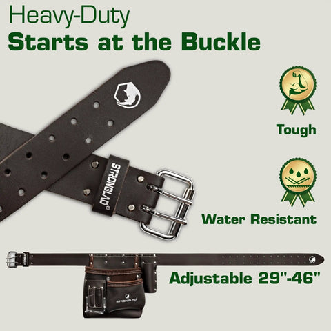 6 Pocket Oil Tanned Leather Tool Belt For 29 To 46 Inch Waists, showing buckle and adjustable strap with tool pouch
