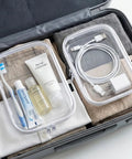 Three Pack Clear Hard Plastic Zipper Case Waterproof Cosmetic Bag Transparent Stackable Storage Organizer Box in suitcase with toiletries and cables