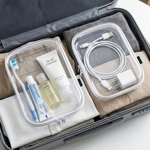 Three Pack Clear Hard Plastic Zipper Case Waterproof Cosmetic Bag Transparent Stackable Storage Organizer Box in suitcase with toiletries and cables