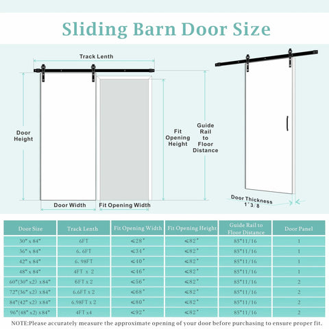 Diagram showing dimensions and specifications for a sliding barn door, including track length, door width, and panel guide.