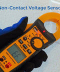 Gloved hand using Job Site Ready Pro Grade TightSight 61-747 Digital Clamp Meter For 400 Amp 600 Volt Range With Dual Backlit Displays NCV