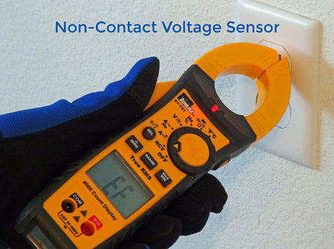 Gloved hand using Job Site Ready Pro Grade TightSight 61-747 Digital Clamp Meter For 400 Amp 600 Volt Range With Dual Backlit Displays NCV