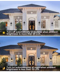 Smart Dusk To Dawn Outdoor Wall Light Fixture With Auto Sensor illuminating a doorway at night and off during the day.