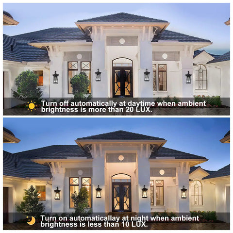Smart Dusk To Dawn Outdoor Wall Light Fixture With Auto Sensor illuminating a doorway at night and off during the day.