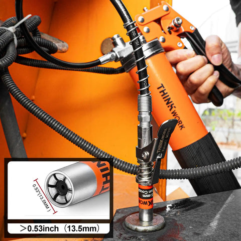 8000 PSI Pistol Grip Grease Gun Kit with Adjustable Pressure, 0.53 Inch Coupler, 360 Degree Swivel in use on machinery