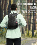Person wearing ultra lightweight hydration backpack for runners and cyclists, 2L water bladder in forest setting.