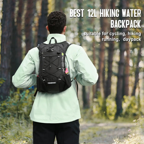 Person wearing ultra lightweight hydration backpack for runners and cyclists, 2L water bladder in forest setting.