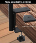 Rock Solid Heavy Duty Steel Bird Feeder Pole, 42 Inch Deck Stand With Multiple Hooks mounted on a wooden surface clamp for installation.