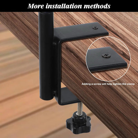 Rock Solid Heavy Duty Steel Bird Feeder Pole, 42 Inch Deck Stand With Multiple Hooks mounted on a wooden surface clamp for installation.