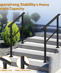 Built Tough Outdoor Step Handrails For Seniors, Rock Solid Stair Railing Kit Featuring No Sweat Setup For Concrete Porches And Decks, Black Heavy Duty Non Slip Safety Supports, Three Piece Set on outdoor stairs.