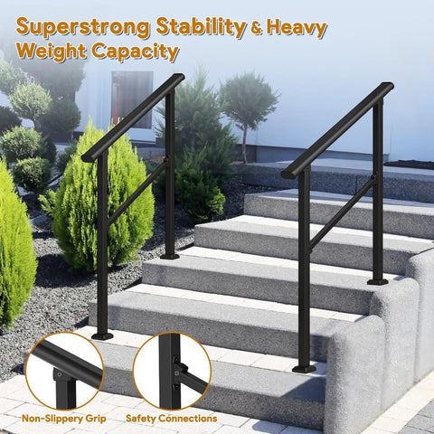 Built Tough Outdoor Step Handrails For Seniors, Rock Solid Stair Railing Kit Featuring No Sweat Setup For Concrete Porches And Decks, Black Heavy Duty Non Slip Safety Supports, Three Piece Set on outdoor stairs.
