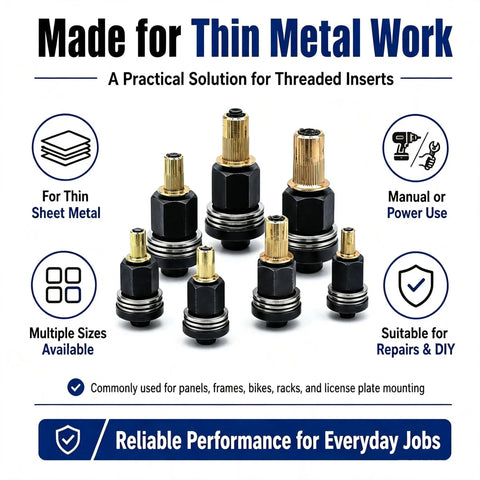 Ultimate Head Rivet Nut Tool Kit With Manual Rivet Gun And Full Mandrel Set For Bolt Repairs. Includes M3 To M12 Metric Sizes Made From Durable Carbon Steel For Tough Jobs. Total Pro Level Set. Rivet nut mandrel set for thin sheet metal, manual or power use