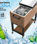 80 Quart Rolling Ice Chest On Wheels Cooler Cart with cover, wood color, on patio with drinks, wheels visible.