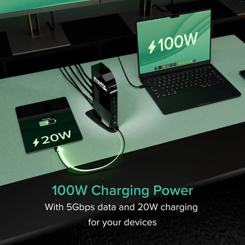 USB C Triple Monitor Docking Station 13 In 1 With 100W Power Delivery for Mac Windows Chrome shown with laptop and devices charging