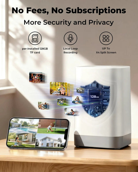 Wireless Outdoor Security Camera Kit With 5G And 2.4G WiFi No Monthly Fees 2 Camera 4MP Solar Powered Home Surveillance System With 360 Degree PTZ 128GB Local Storage Color Night Vision Easy Local Recording shown with images and smartphone display in home setting.