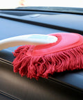 All In One Car Duster Detailing Kit with plastic handle resting on car dashboard, showing red mini dash duster, Model 62445.