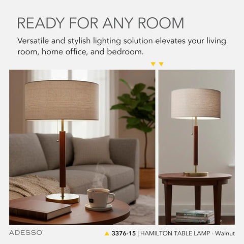 Hamilton Table Lamp With Walnut Eucalyptus Wood And Antique Brass Finish, 26.25 Inch Tall, Linen Shade, 100W Incandescent Or 26W CFL, Dope Modern Brown Desk Lamp For Living Room And Office