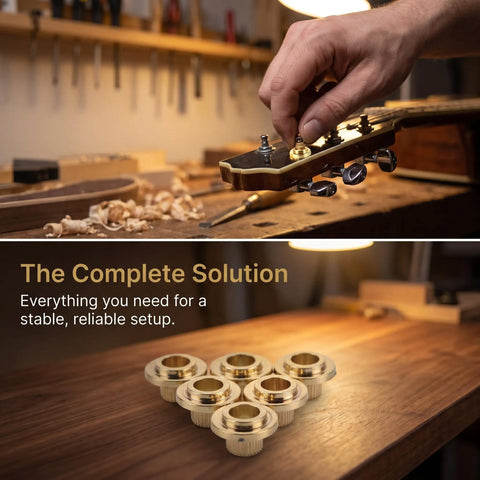 3 Sets Tuner Peg Parts For Guitar Repair With Noise Reducing Bushings And Ferrule Washers To Help You Tune Up Faster Improve Tuning Accuracy And Stability On Acoustic Guitars Includes Tuner Post Nuts And Replacement Tuning Machine Accessories. brass guitar tuning bushings on workbench