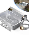Heavy Duty Automatic Dog Water Dispenser And 2 Gallon Tough As Nails Stainless Steel Pet Water Bowl For Yard Or Barn With Quick Faucet Hook Up and Stable Base, showing flowing water.