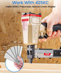 Premium Pro Grade 18 Gauge Narrow Crown Staples 1-1/4 Inch Length 1120 Count Rock Solid Fasteners in use with 425KC stapler.