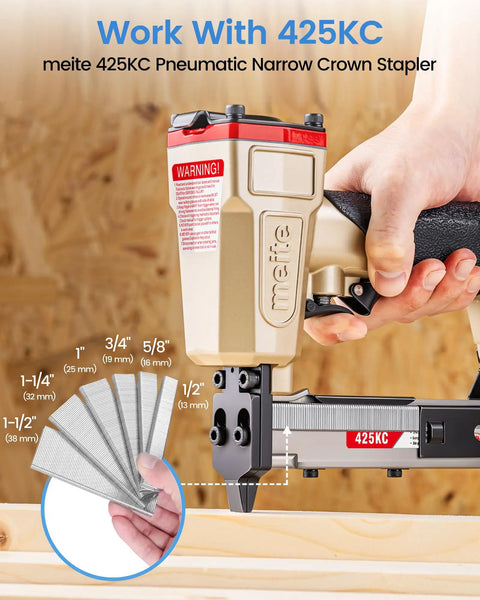 Premium Pro Grade 18 Gauge Narrow Crown Staples 1-1/4 Inch Length 1120 Count Rock Solid Fasteners in use with 425KC stapler.