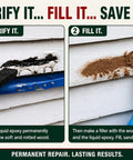 Heavy Duty Wood Repair Kit with Penetrating Epoxy Resin and Wood Filler for Restoring Broken Boards and Deck Planks Using the 48 Oz Set for Waterproof Fixes That Go On Like Butter and Lock Down No Sweat for Rock Solid Results steps showing liquid epoxy application and wood filler preparation.
