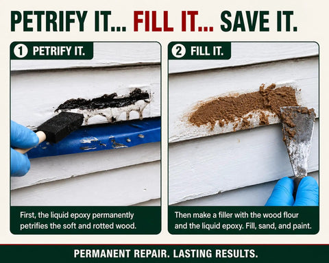 Heavy Duty Wood Repair Kit with Penetrating Epoxy Resin and Wood Filler for Restoring Broken Boards and Deck Planks Using the 48 Oz Set for Waterproof Fixes That Go On Like Butter and Lock Down No Sweat for Rock Solid Results steps showing liquid epoxy application and wood filler preparation.