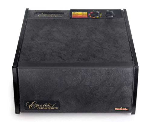 Five Tray Electric Food Dehydrator Featuring Adjustable Thermostat And 26 Hour Timer With Reliable Auto Shut Off, black front view.