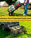 Foldable Hitch N Roll Cargo Carrier Cart with quick detachable basket and 10 inch flat-free tires in camp setting