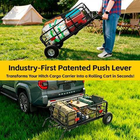 Foldable Hitch N Roll Cargo Carrier Cart with quick detachable basket and 10 inch flat-free tires in camp setting