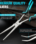Long Reach 7 Inch Needle Nose Pliers Set, Two Piece Bent Nose And Straight Nose Pliers, Drop Forged Carbon Steel, Heat Treated, Nickel Plated, Anti Rust Oil Protected, Built Tough For Precision Work, shown for narrow spaces