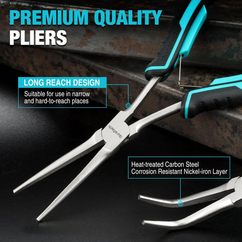 Long Reach 7 Inch Needle Nose Pliers Set, Two Piece Bent Nose And Straight Nose Pliers, Drop Forged Carbon Steel, Heat Treated, Nickel Plated, Anti Rust Oil Protected, Built Tough For Precision Work, shown for narrow spaces