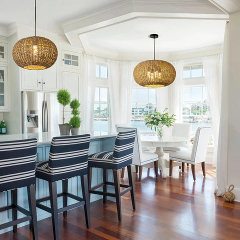 Large 22.83 Inch Rattan Boho Chandelier With Hand Woven Wicker, 4 Light Pendant Ceiling Fixture in a bright kitchen setting