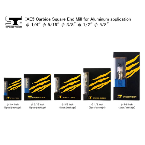 Carbide Square Nose End Mill Set With ZrN Coating 2 Flute One Quarter Inch Cutters Five Piece Aluminum And Copper Milling Bits shown in packaging