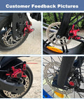 Red XTECH hydraulic disc brake caliper with rotor on a front MTB wheel
Red XTECH hydraulic disc brake caliper mounted on a front fork with drilled rotor
Close-up of red XTECH hydraulic disc brake caliper and brake line beside rotor
Installed red XTECH hydraulic disc brake caliper on front wheel with rotor and fork