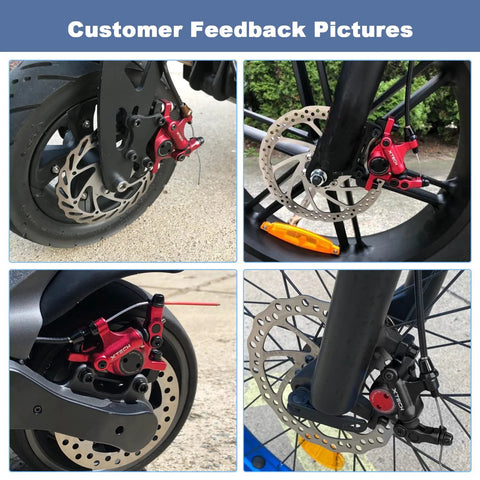 Red XTECH hydraulic disc brake caliper with rotor on a front MTB wheel
Red XTECH hydraulic disc brake caliper mounted on a front fork with drilled rotor
Close-up of red XTECH hydraulic disc brake caliper and brake line beside rotor
Installed red XTECH hydraulic disc brake caliper on front wheel with rotor and fork